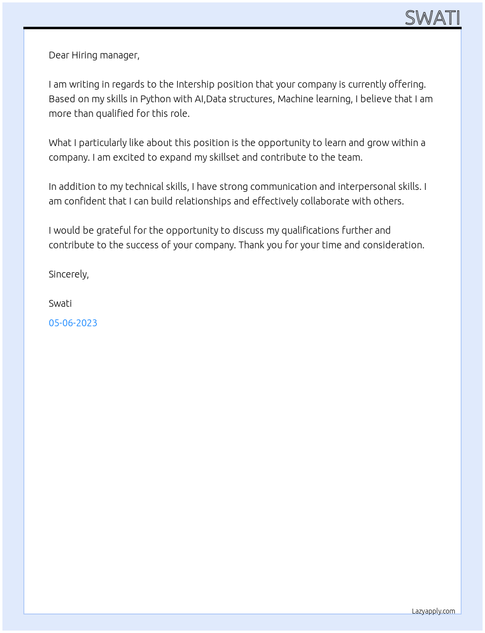 Intership At Intership Cover Letter