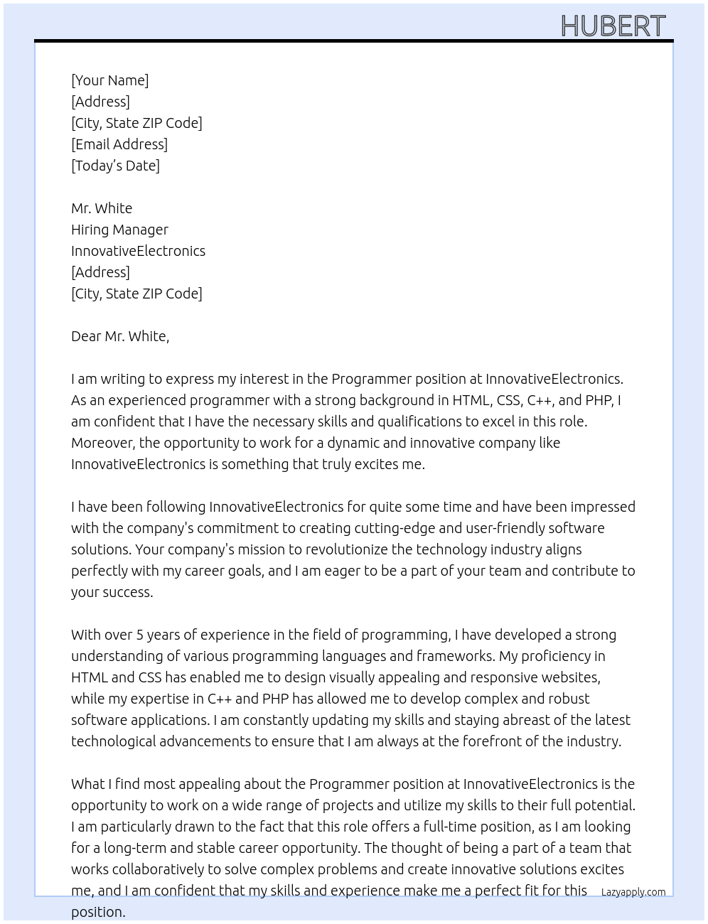 Programmer  At InnovativeElectronics Cover Letter