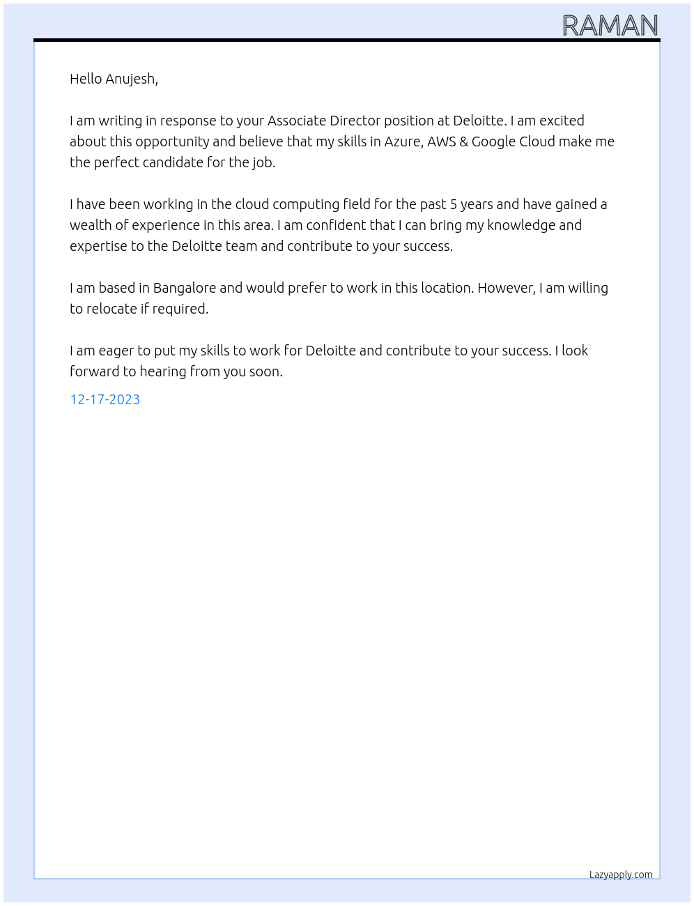 Associate Director At Deloitte Cover Letter