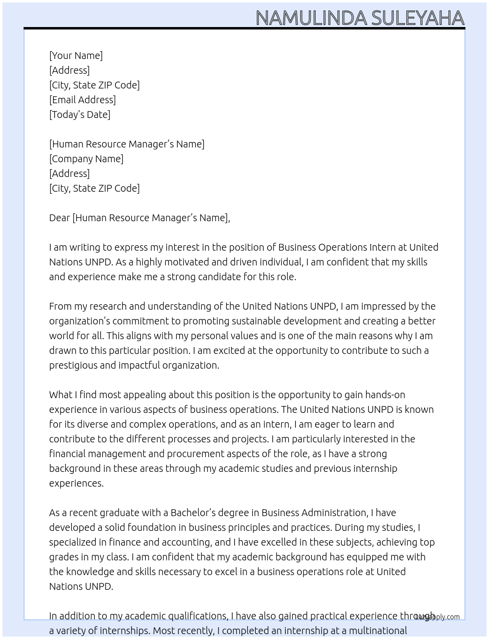 Business Operations Intern At United Nations UNPD Cover Letter