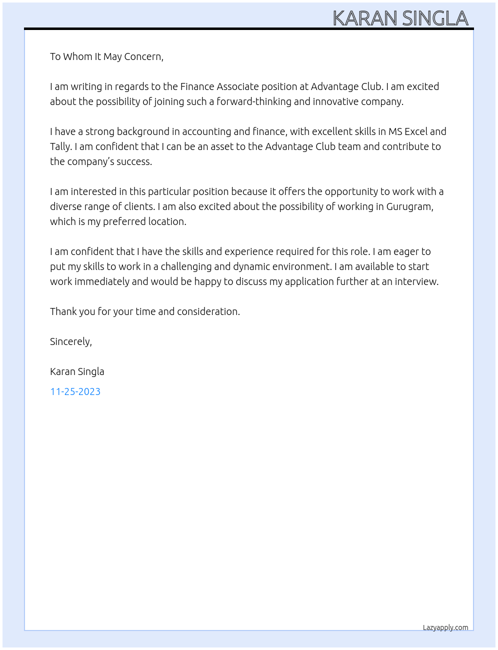 Finance Associate At Advantage Club Cover Letter