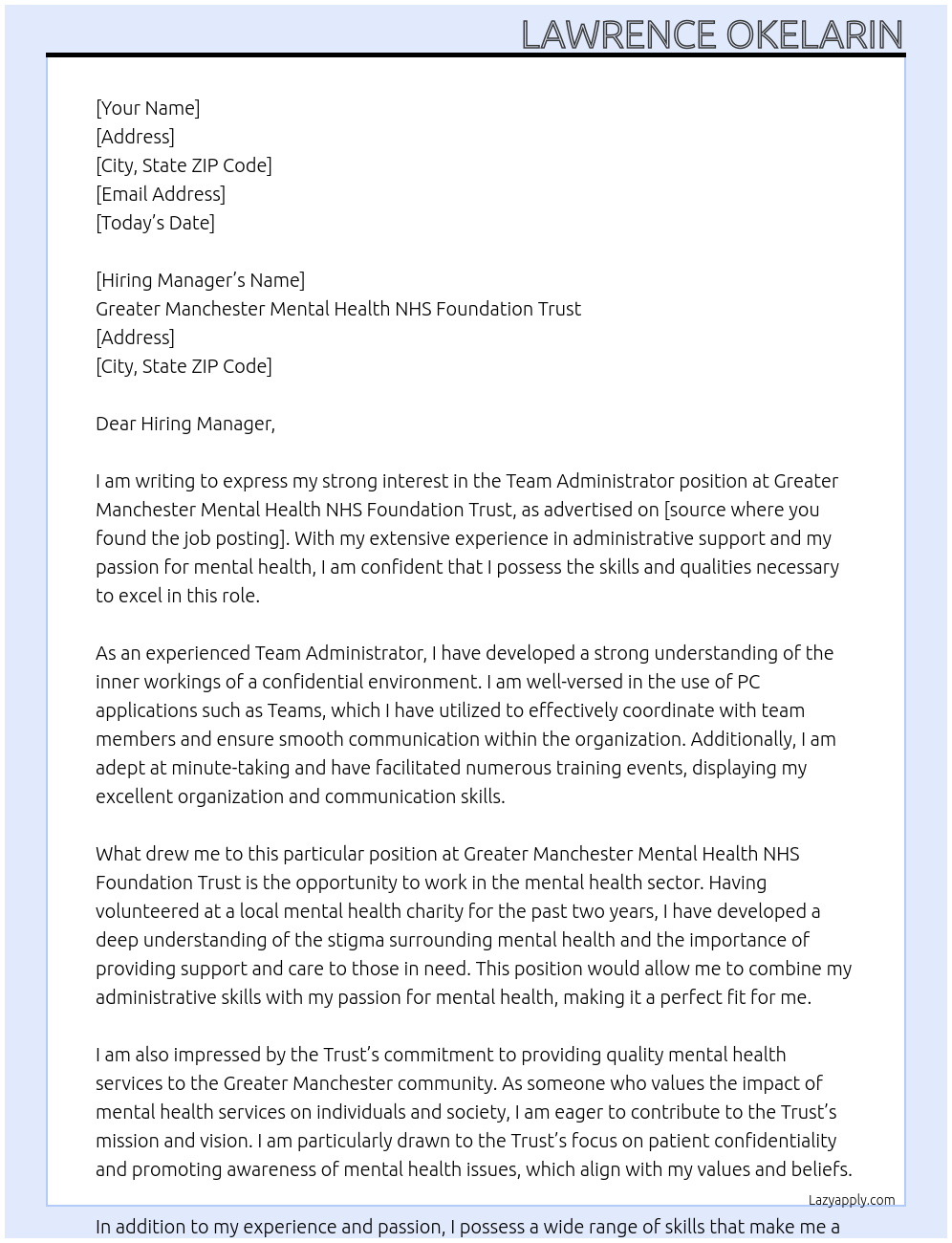Team Administrator At Greater Manchester Mental Health NHS Foundation Trust Cover Letter