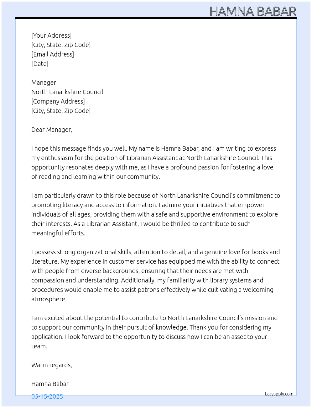 Librarian assistant  At North Lanarkshire council Cover Letter