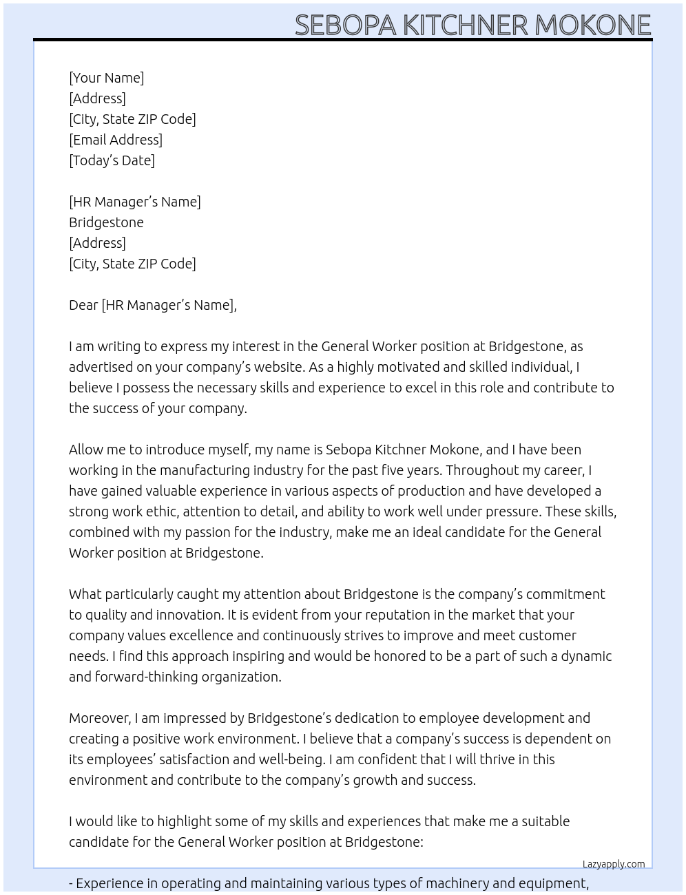 General worker At Bridgestone Cover Letter