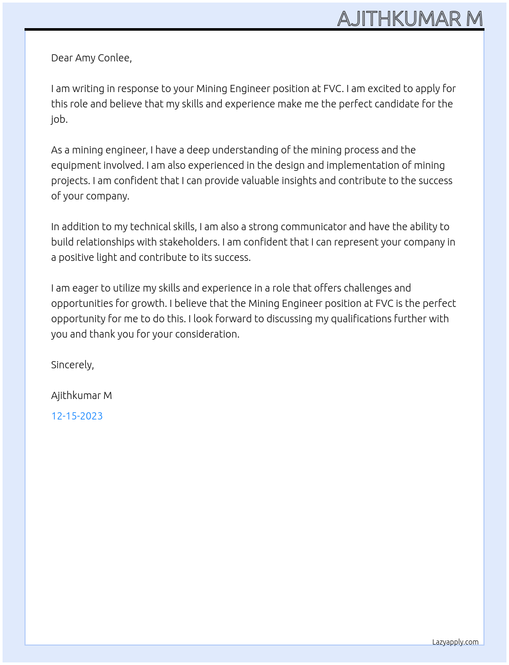 Mining engineer At FVC Cover Letter