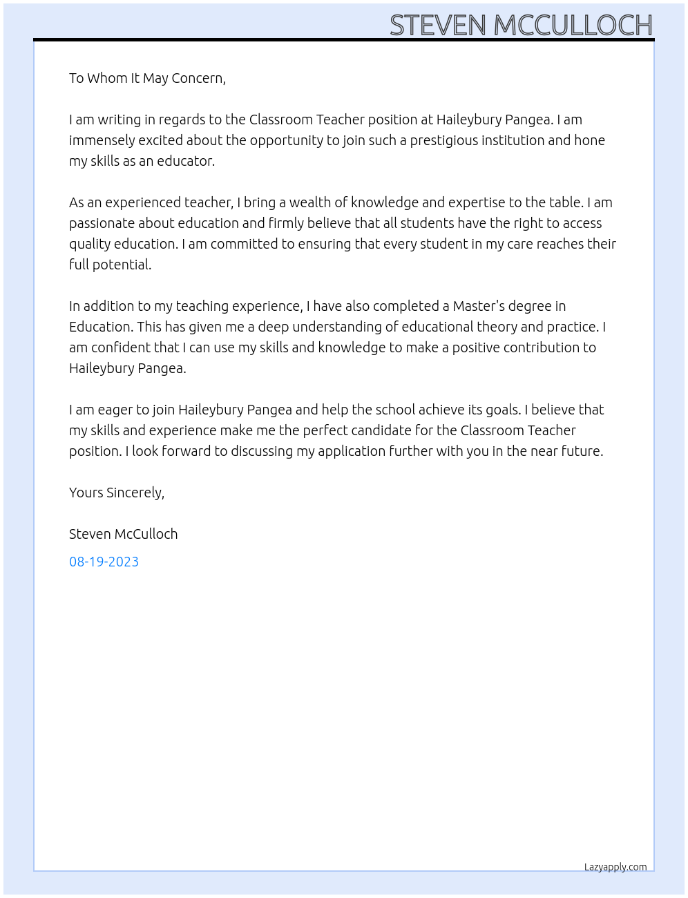 Classroom Teacher At Haileybury Pangea Cover Letter