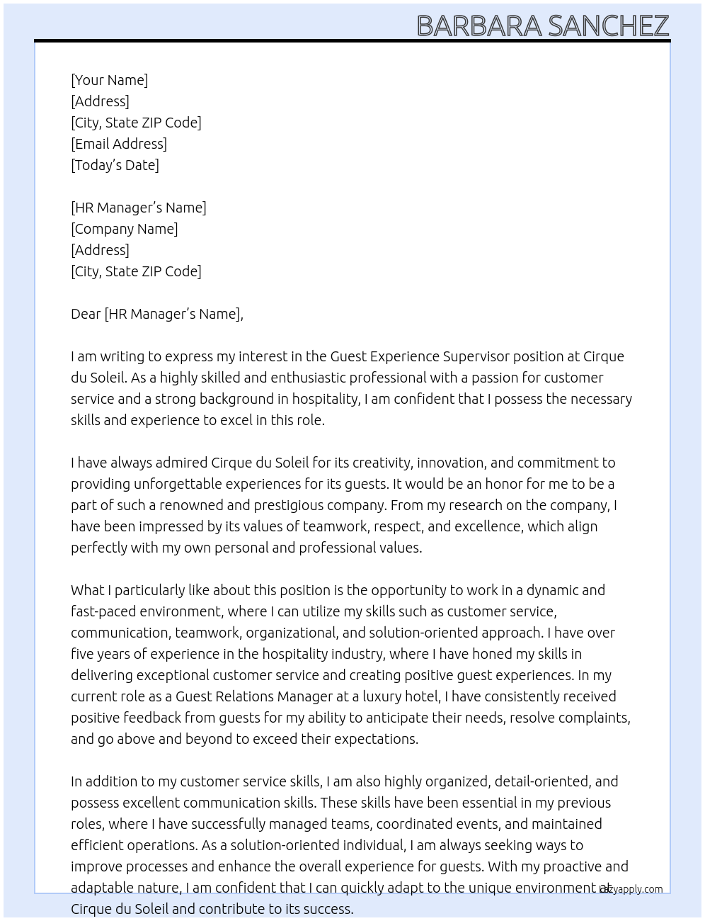 Guest Experience Supervisor At Cirque du Soleil Cover Letter