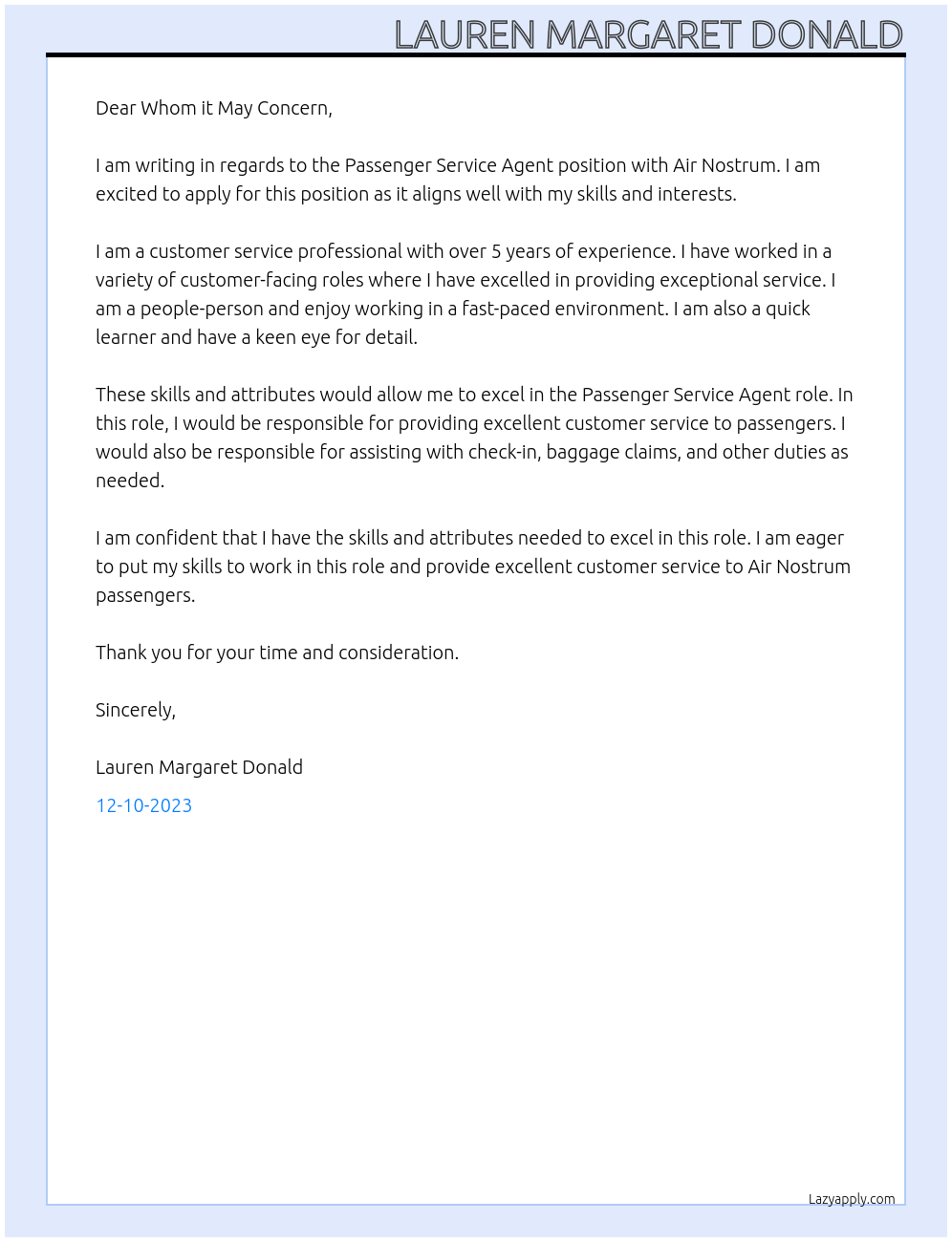 Passenger Service Agent At Air Nostrum Cover Letter