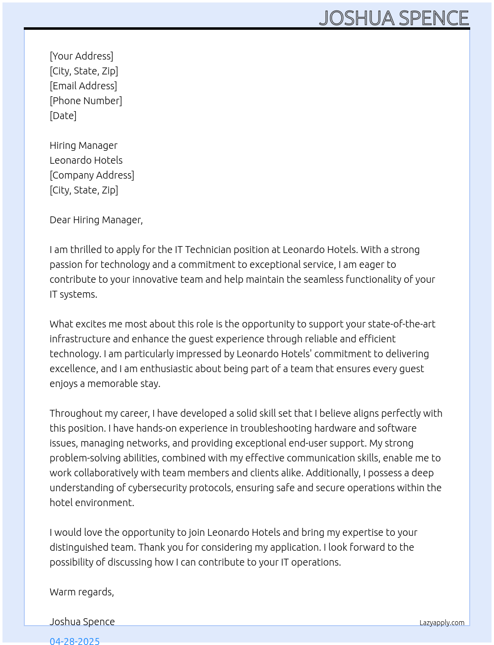 IT technician At Leonardo Hotels Cover Letter