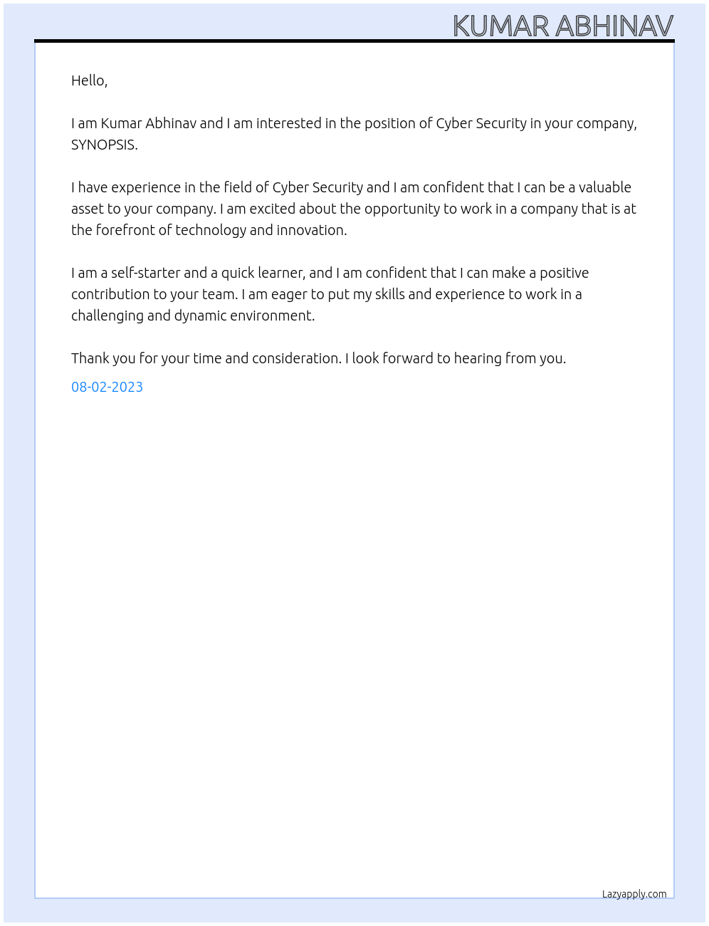 CYBER SECURITY At SYNOPSIS Cover Letter