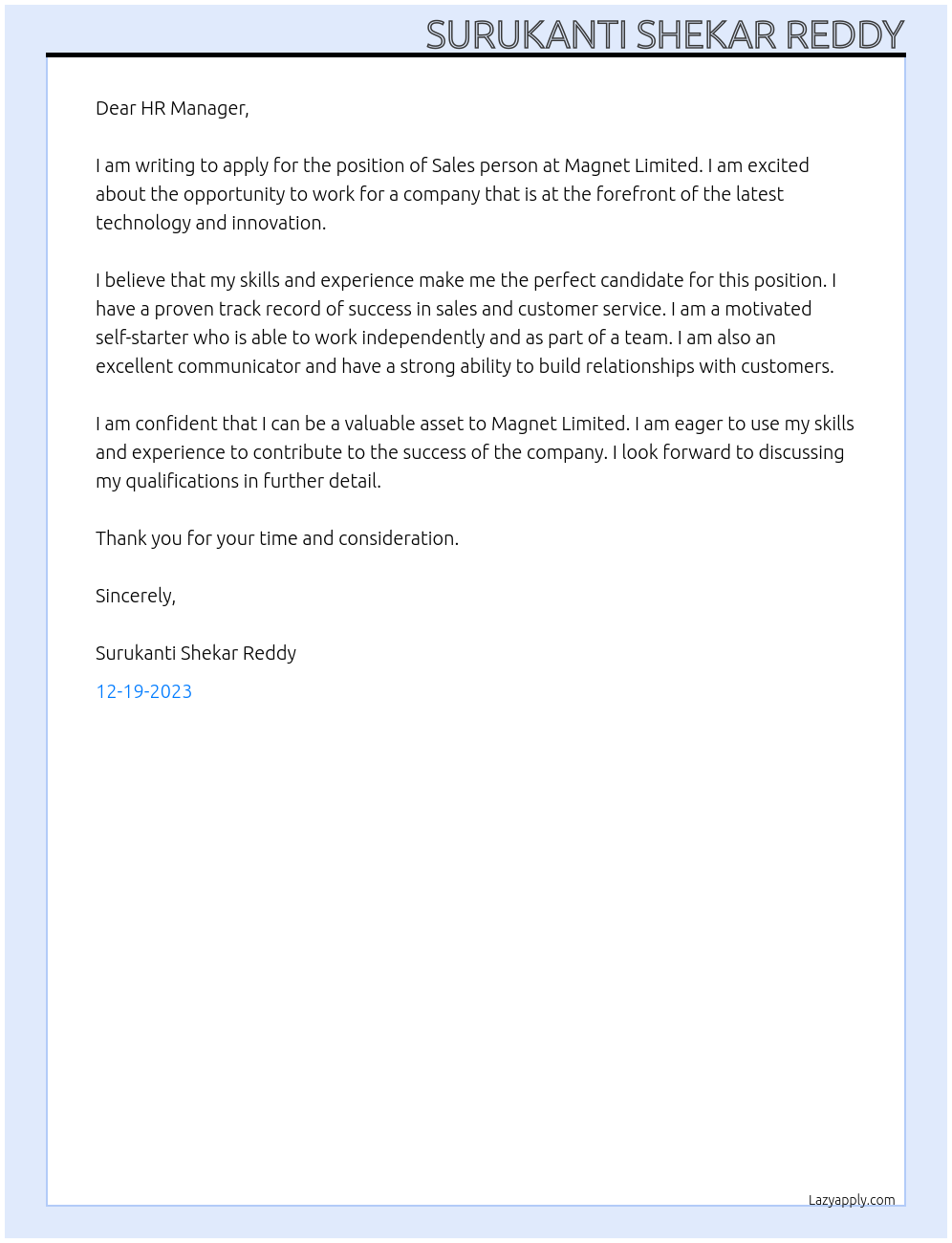 Sales person At Magnet Limited Cover Letter