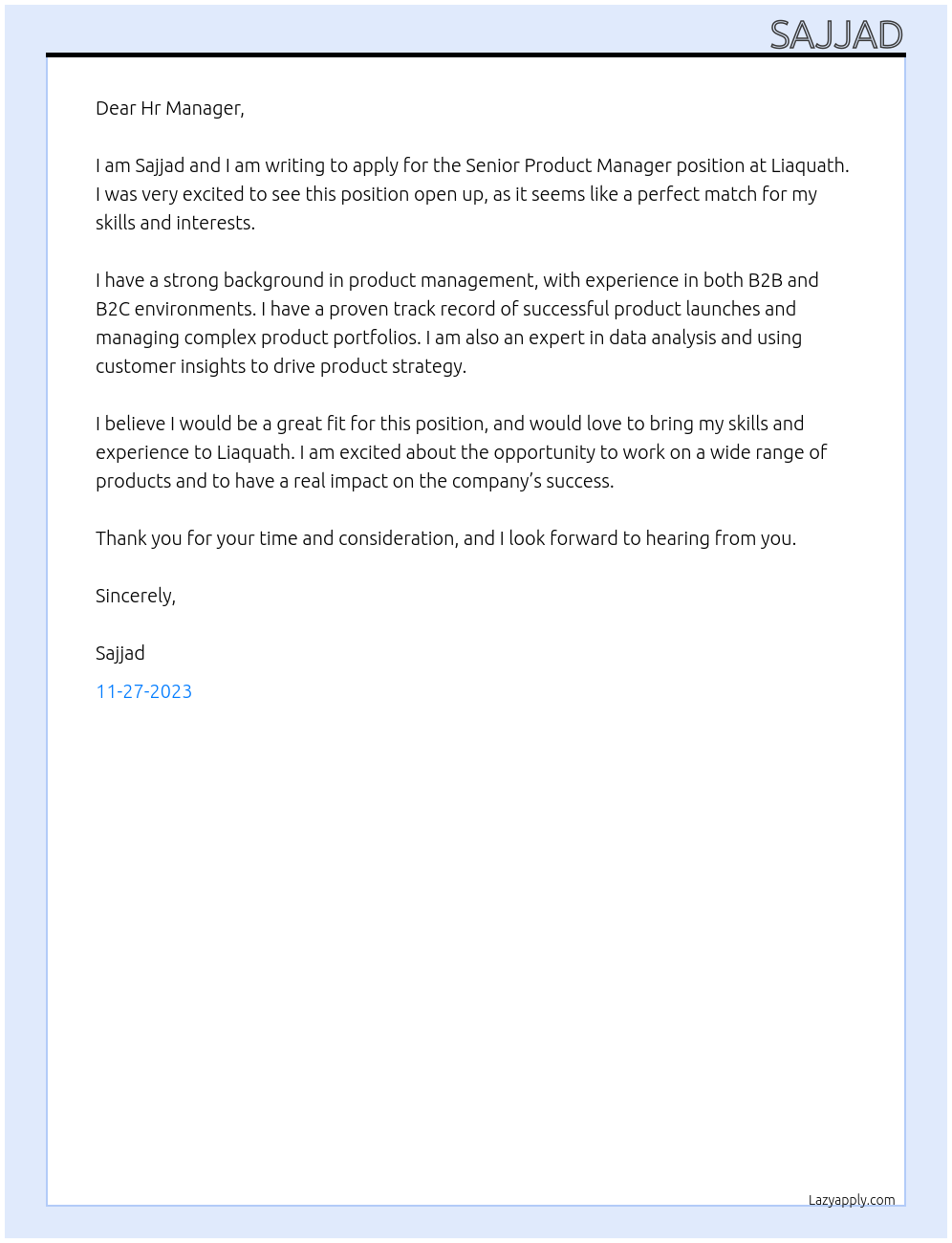 Senior Product Manager At Liaquath Cover Letter