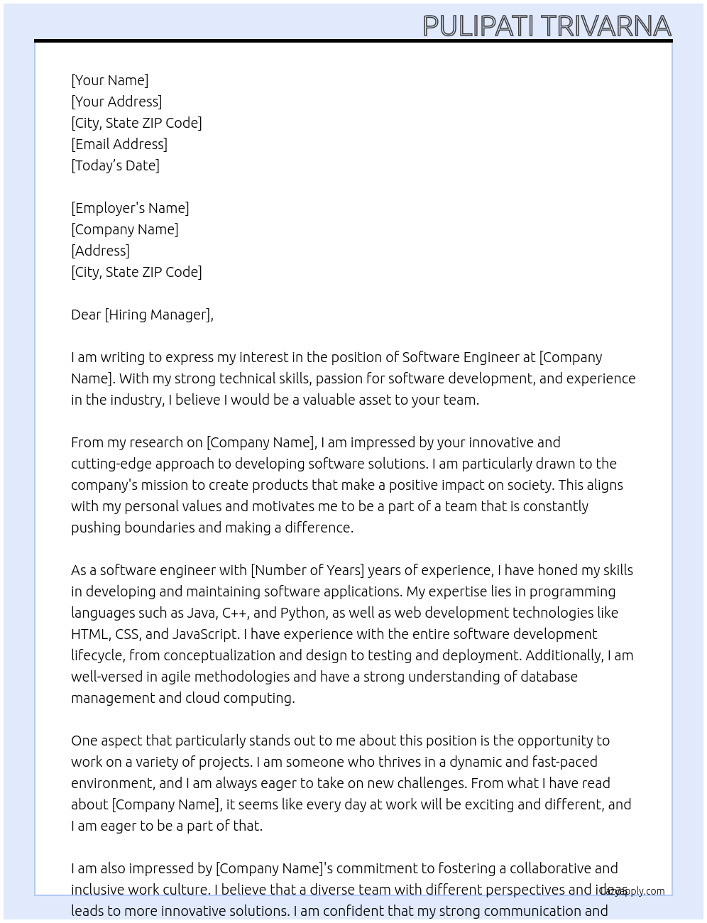 software engineering At any company Cover Letter