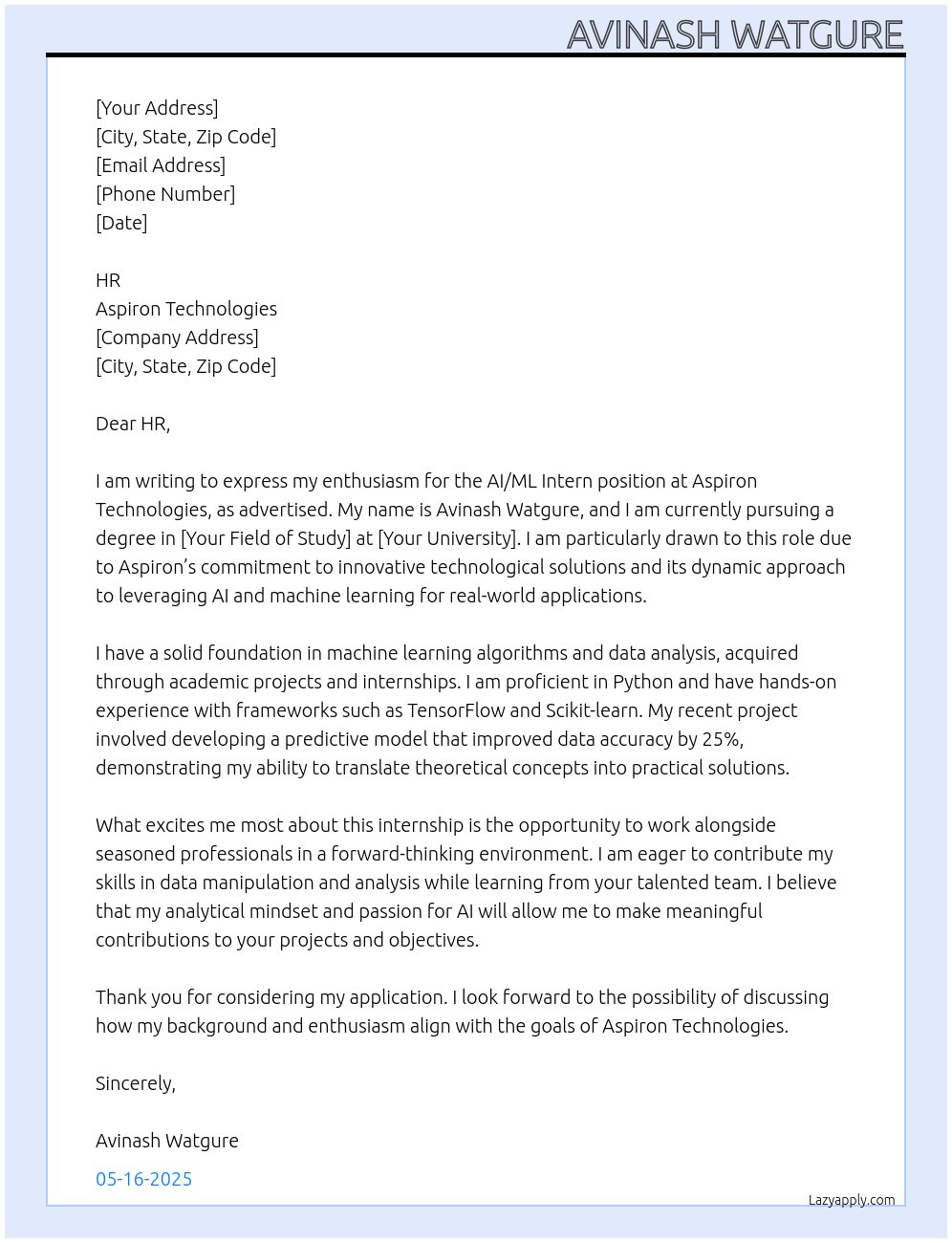 Cover letter for ai-ml intern - LazyApply