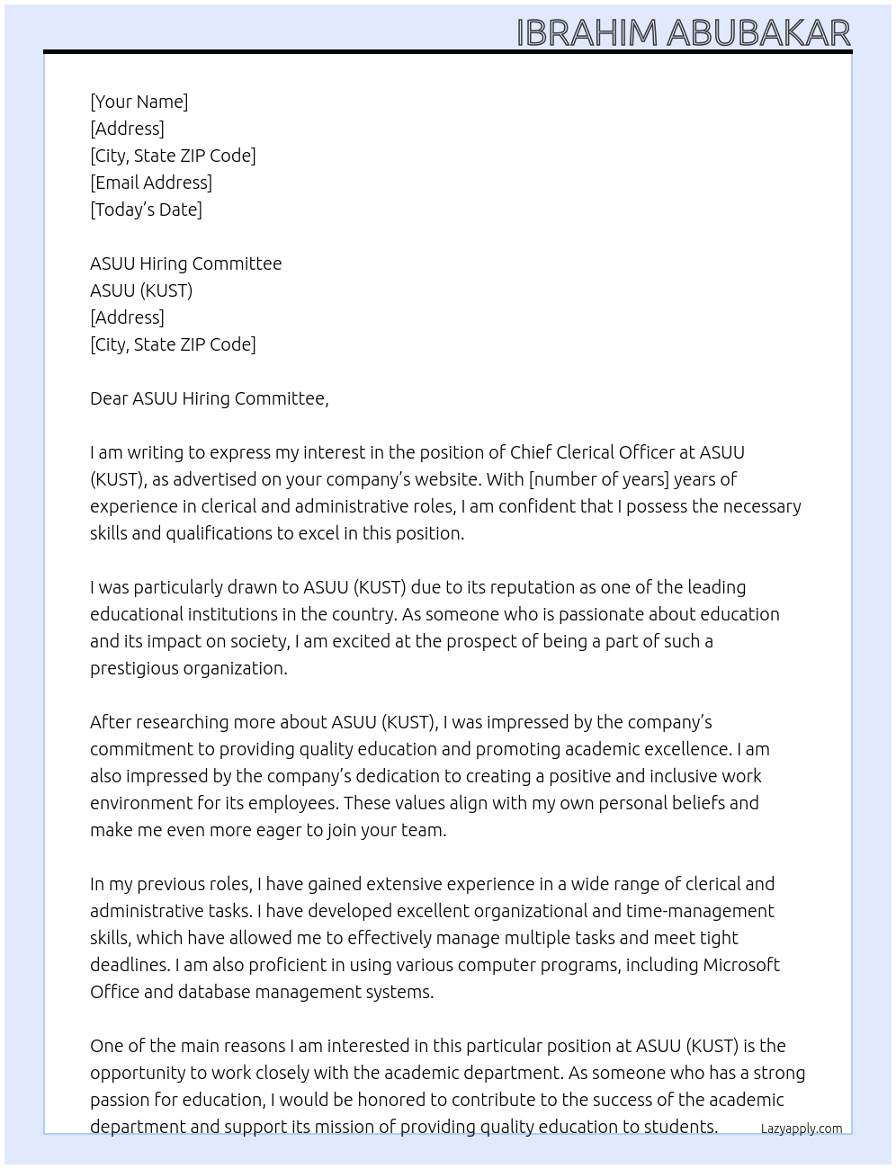 Cover letter for chief clerical officer - LazyApply