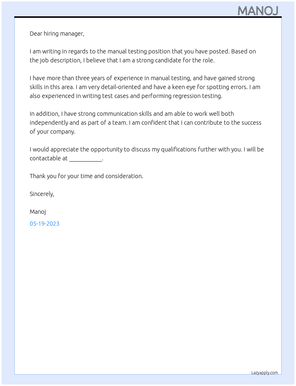 Manual Testing At Manoj - Cover Letter