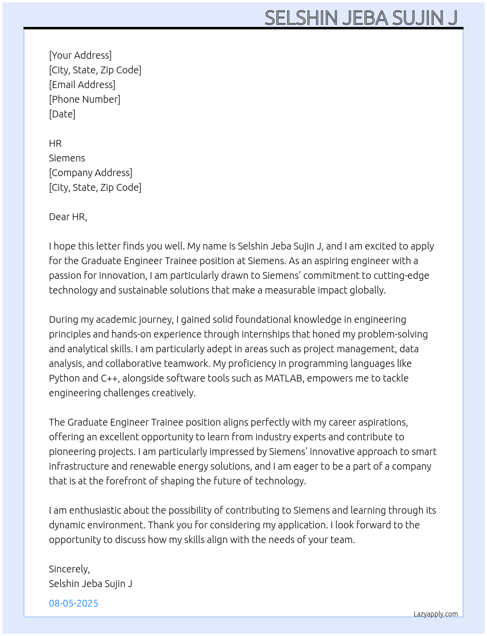 Graduate Engineer Trainee At Siemens Cover Letter