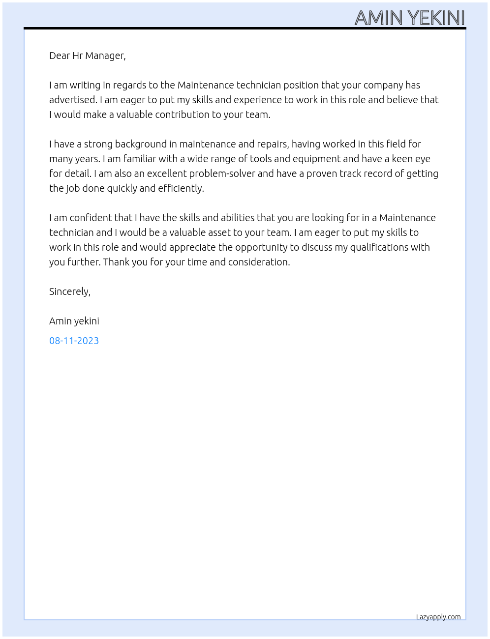 Maintenance technician At Wood manufacturing company Cover Letter