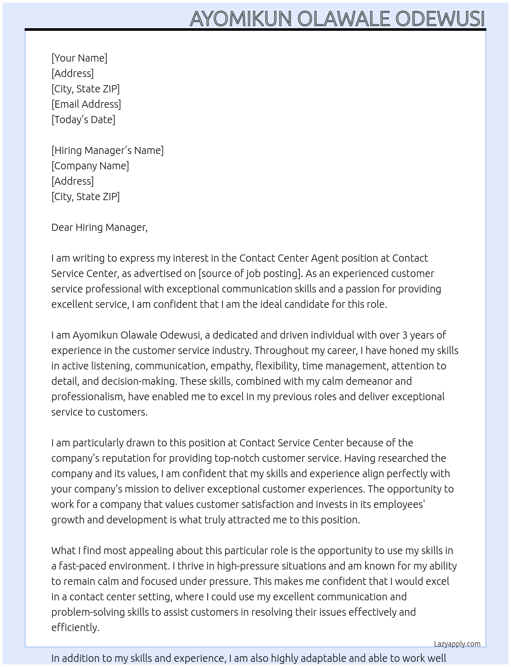 Contact center agent  At Contact service center Cover Letter