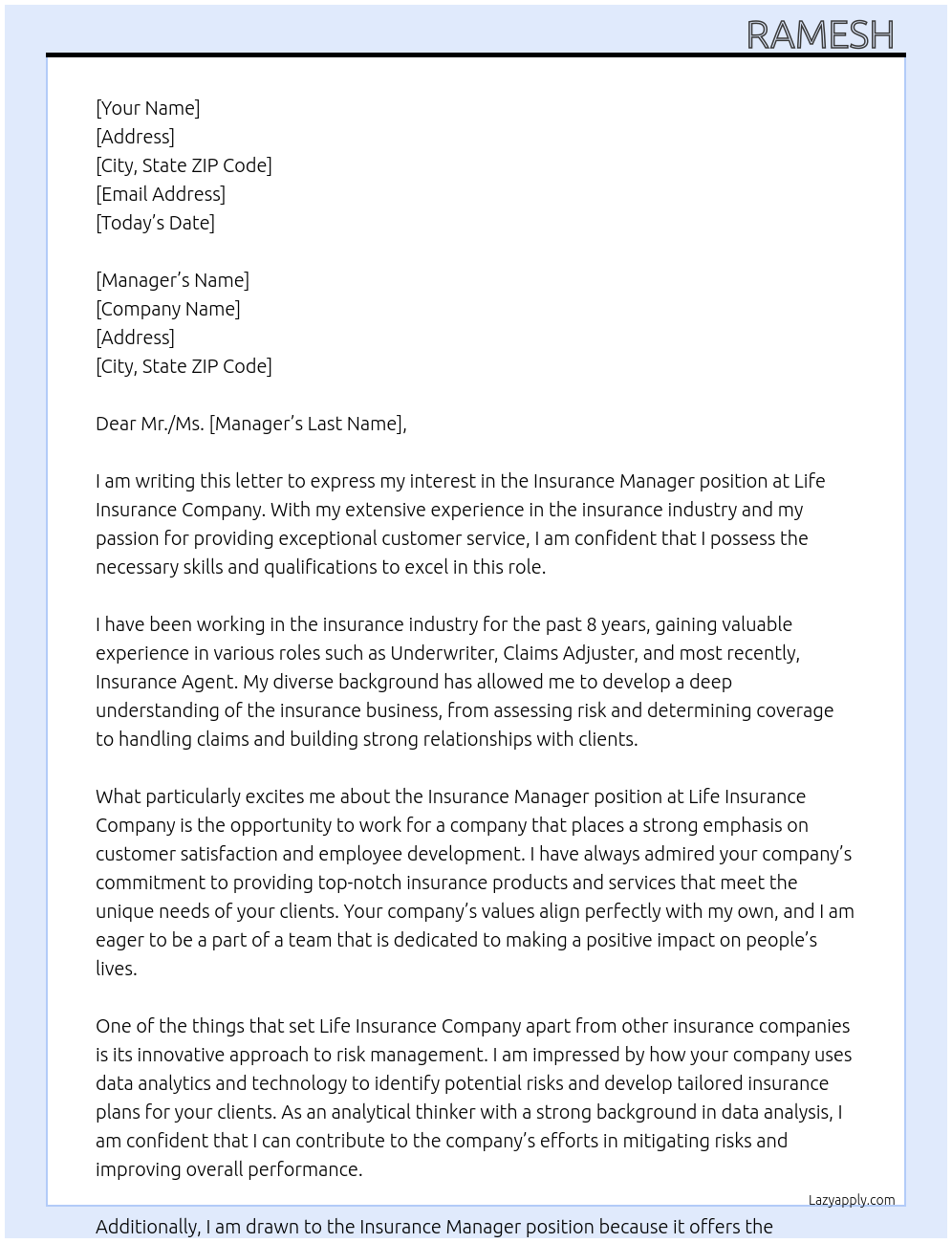 INSURANCE  At Life insurance company  Cover Letter