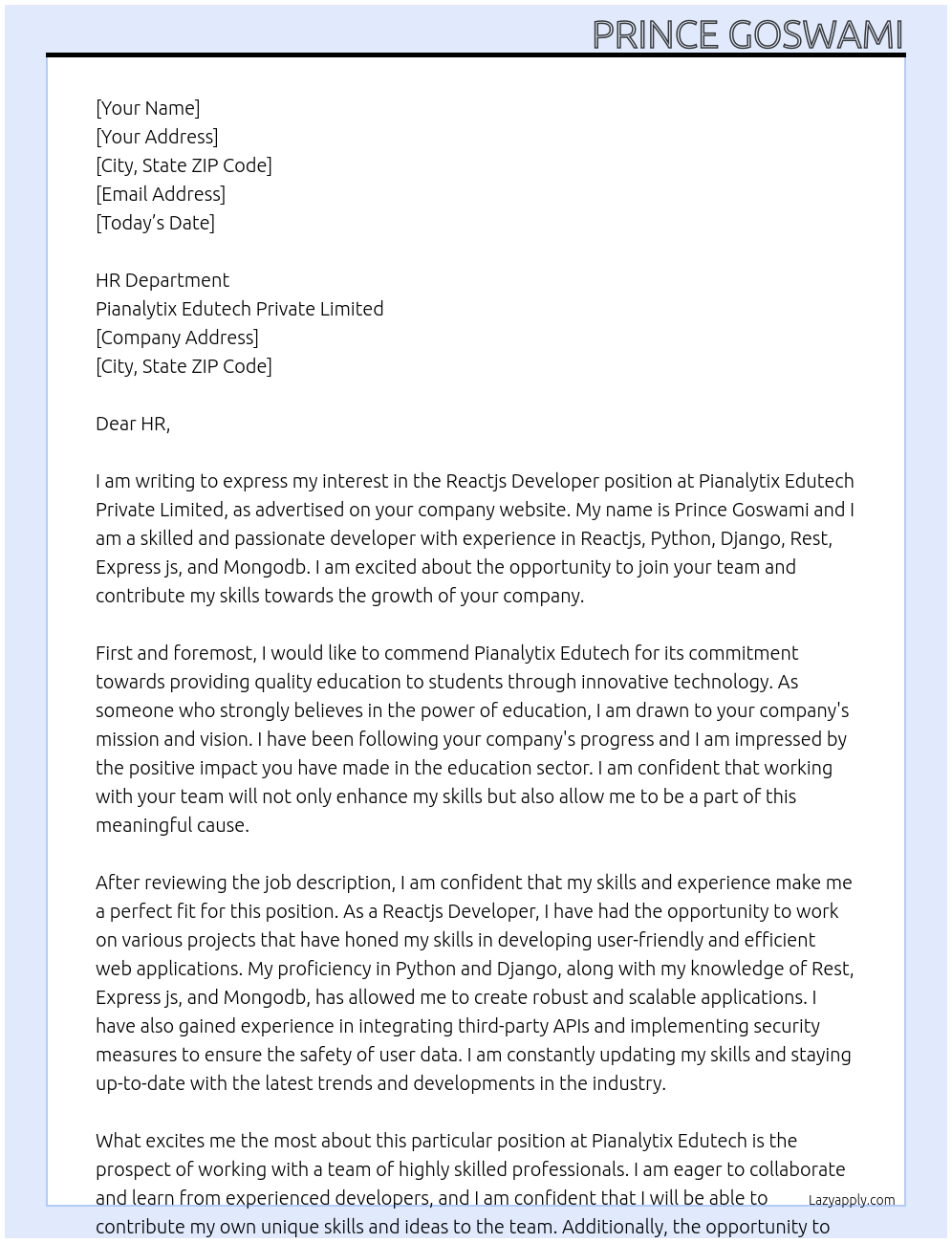 Reactjs Developer At Pianalytix Edutech Private Limted Cover Letter
