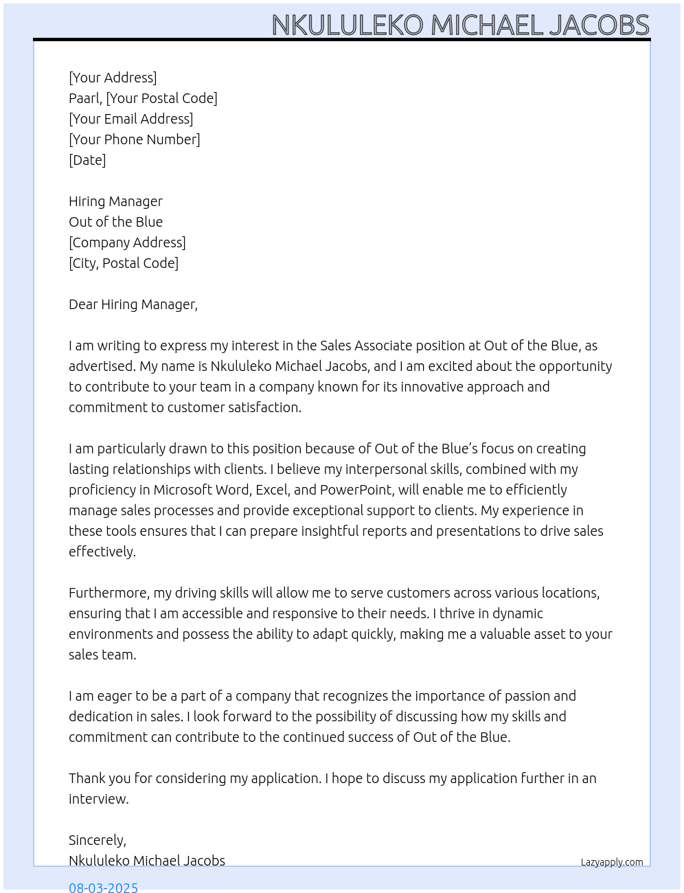 Sales Associate At Out of the Blue Cover Letter