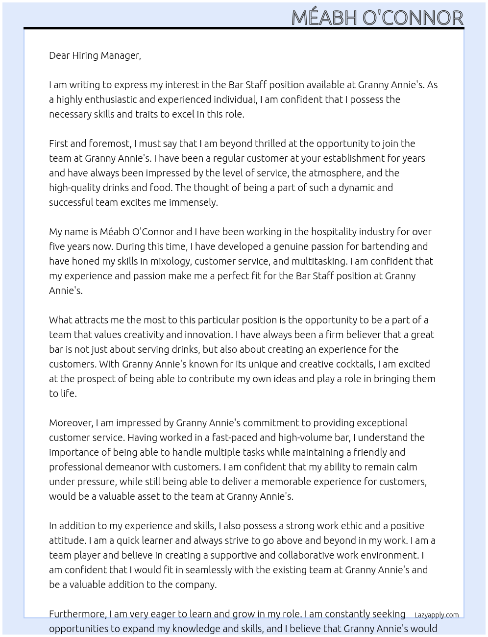 Bar Staff At Granny Annie's Cover Letter