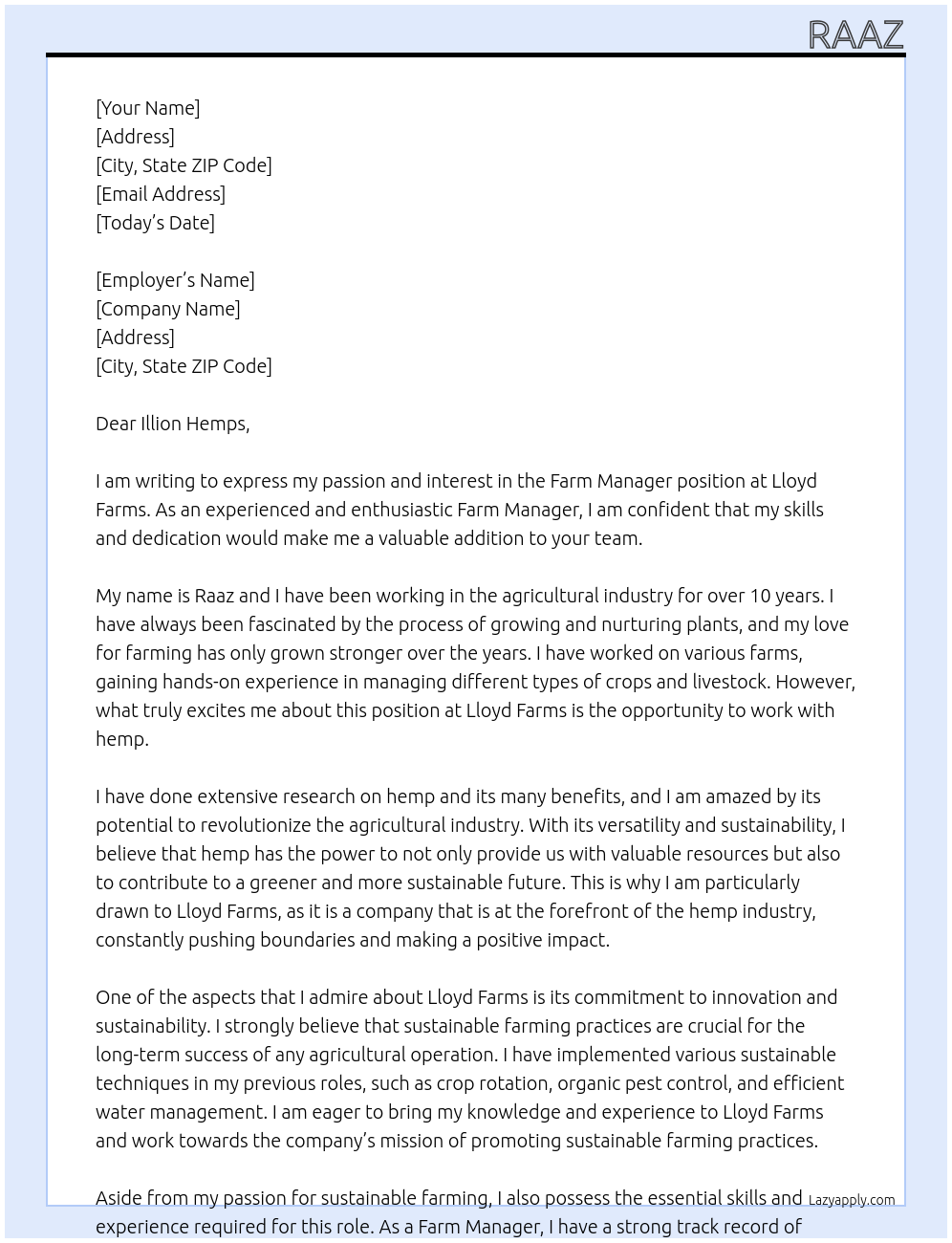 farm manager At Lloyd farms Cover Letter