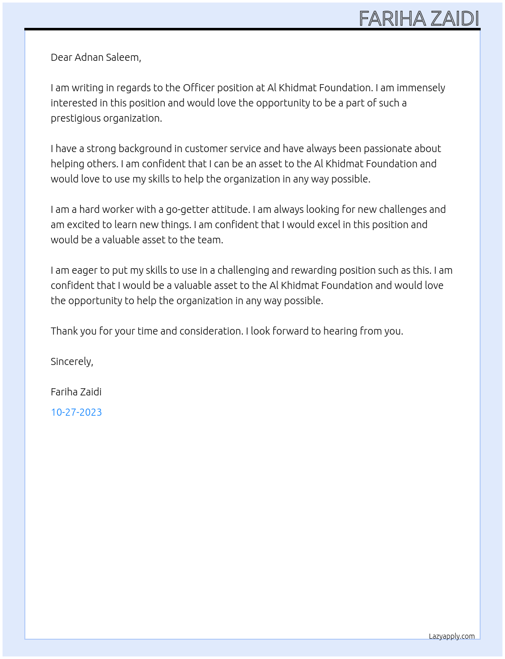 Officer At Al khidmat Foundation Cover Letter