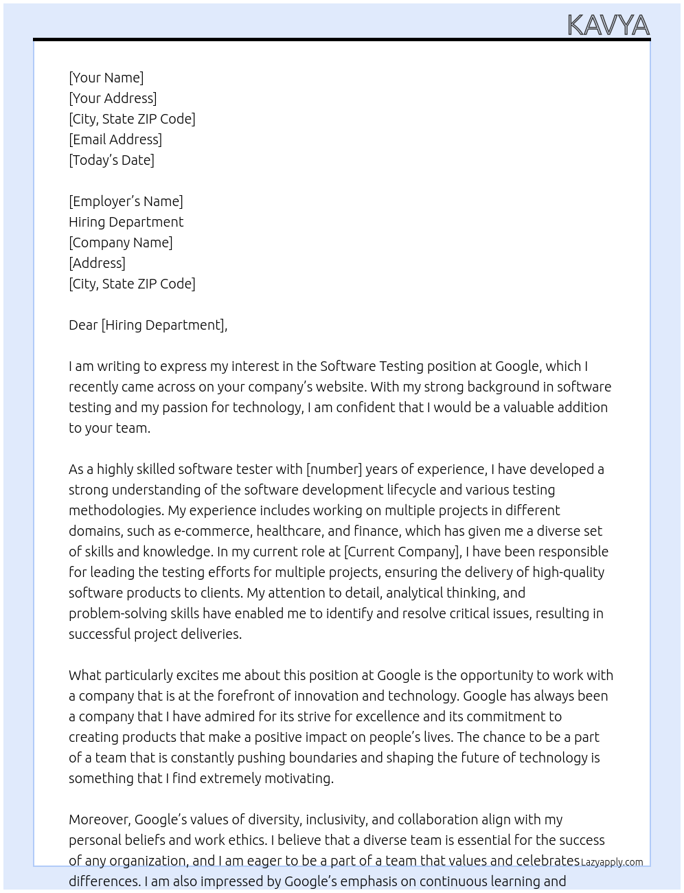software testing At Google Cover Letter