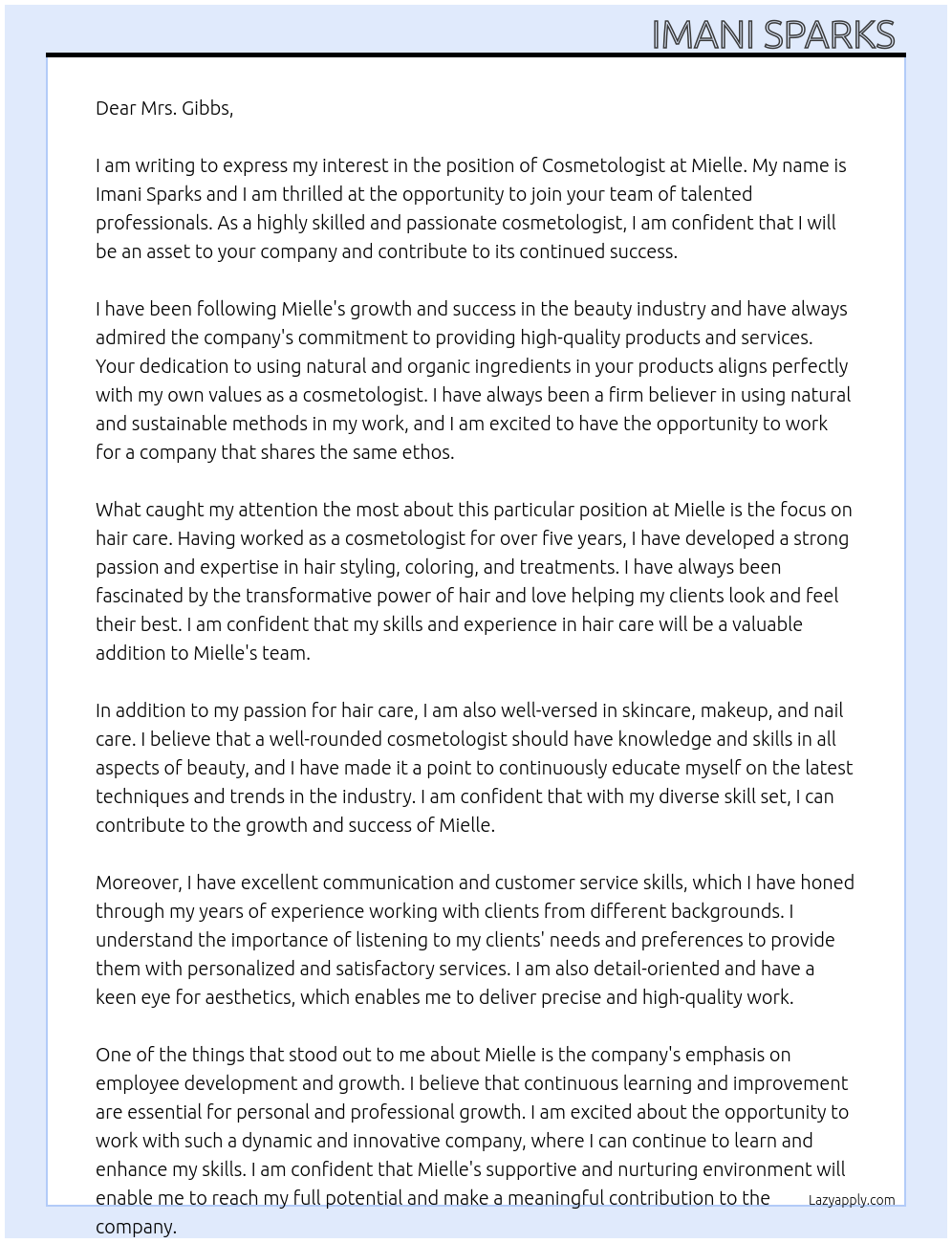 Cover letter for cosmetologist - LazyApply