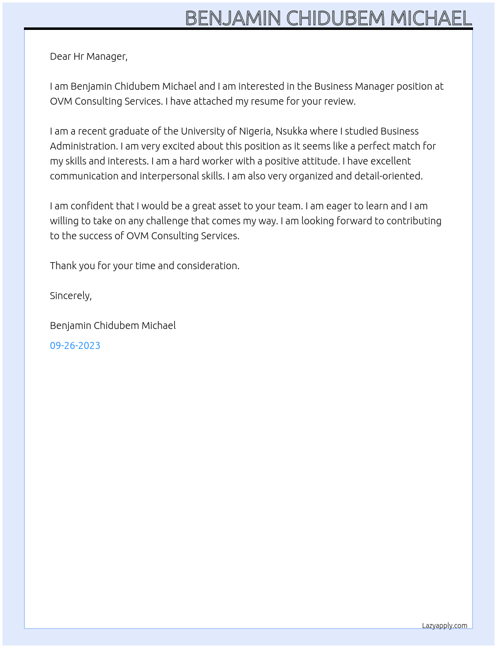 Business Manager At OVM CONSULTING SERVICES Cover Letter