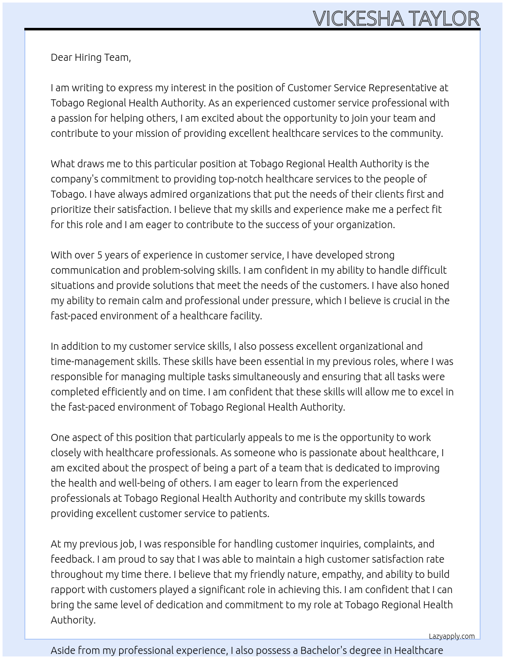 Customer Service Rep At Tobago Regional Health Authority Cover Letter