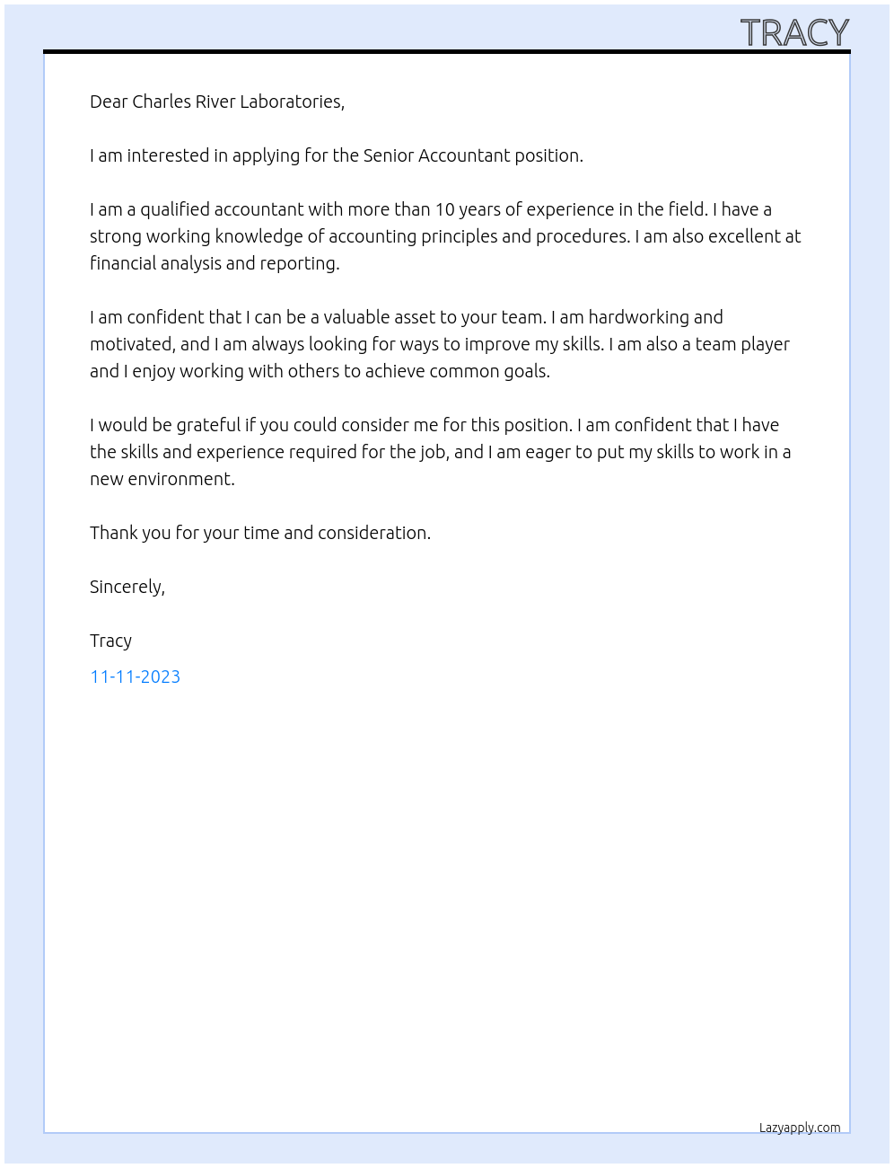 Senior Accountant At Charles River Labratories Cover Letter