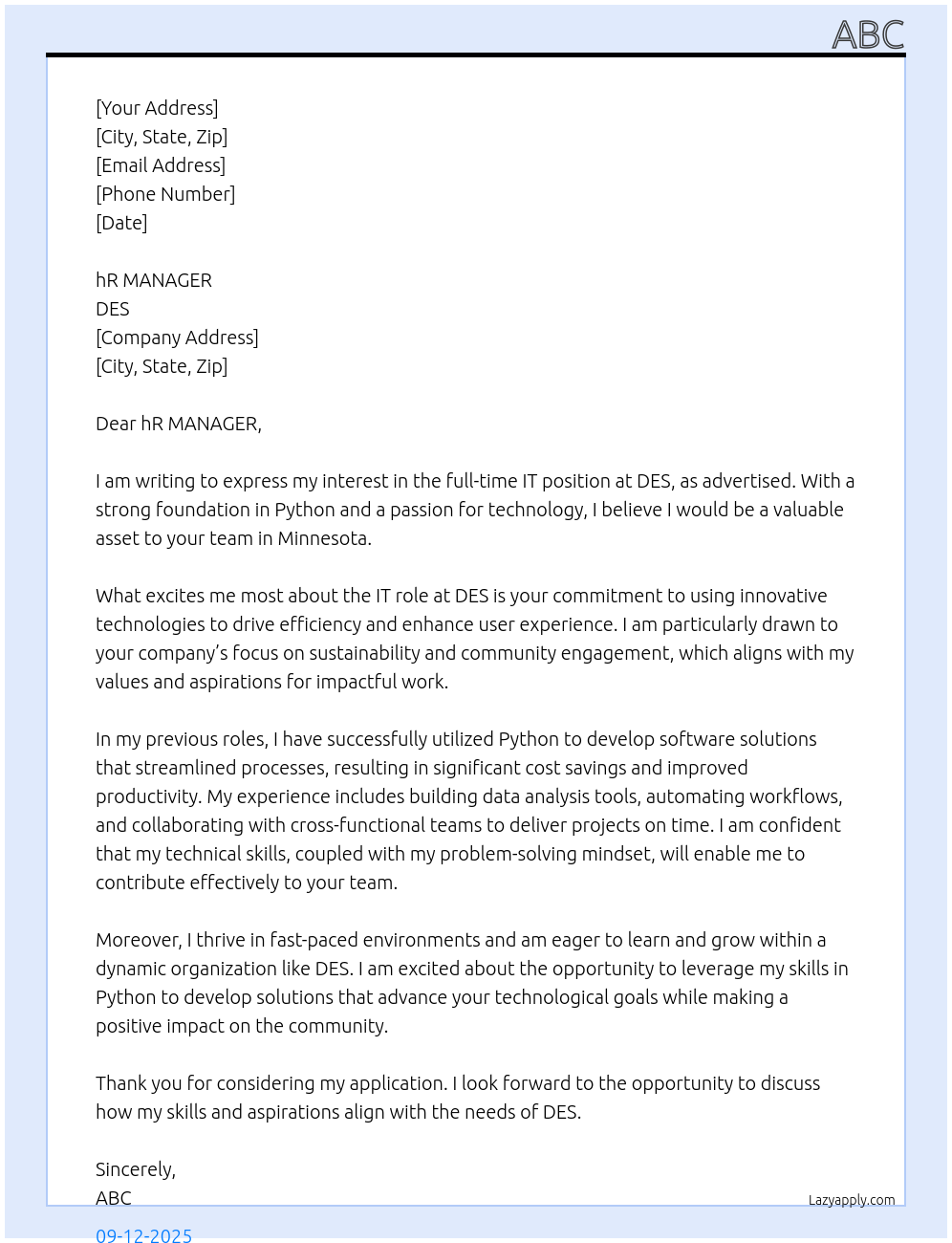 it At DES Cover Letter