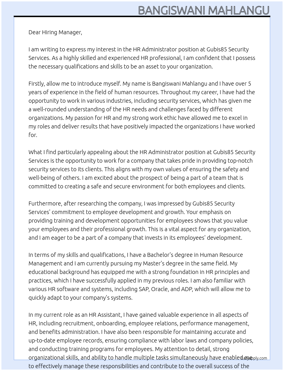 HR Administrator At Gubis85 Security Services Cover Letter