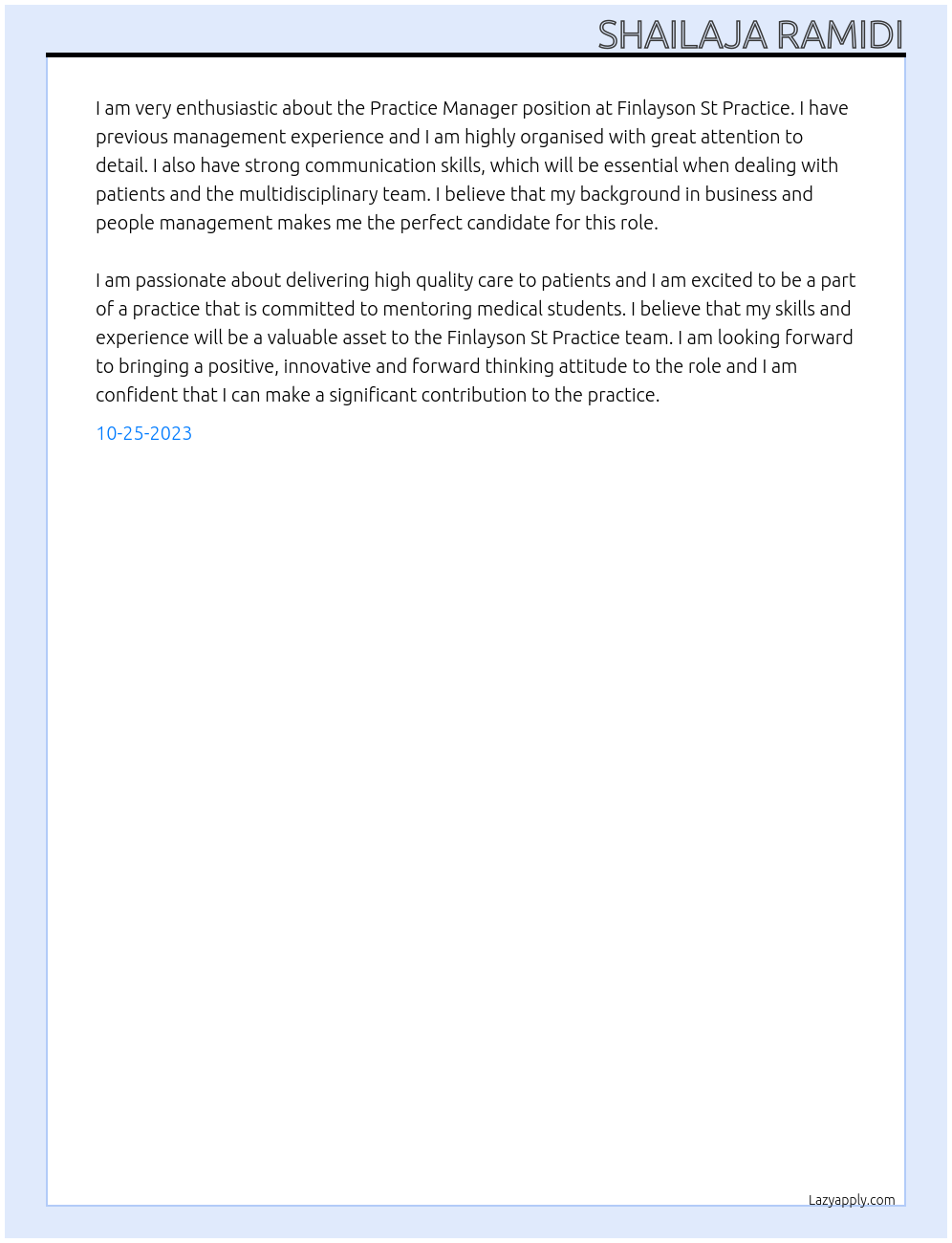 Practice Manager At Finlayson St Practice Cover Letter