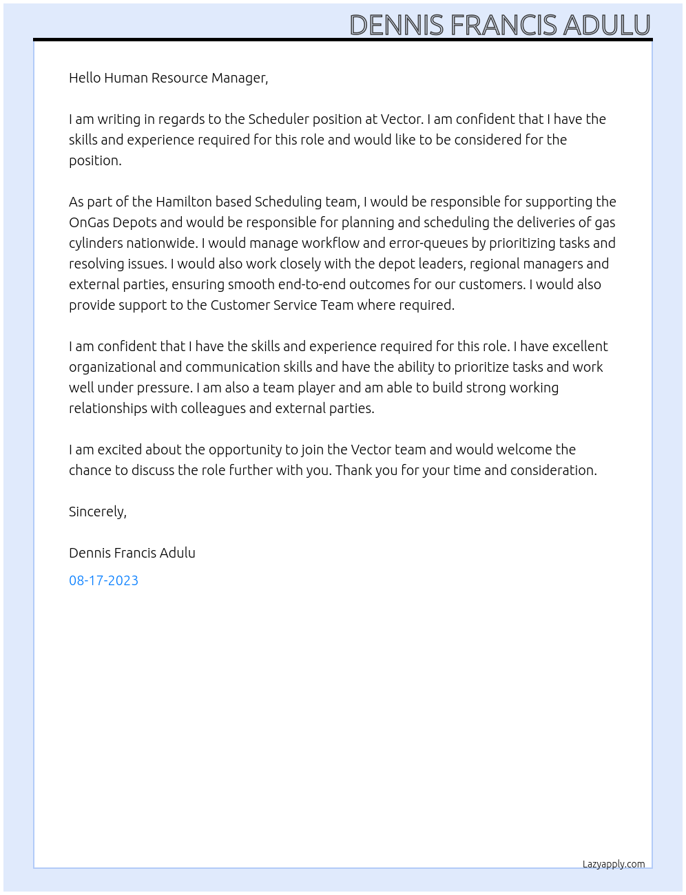 Scheduler At Vector Cover Letter