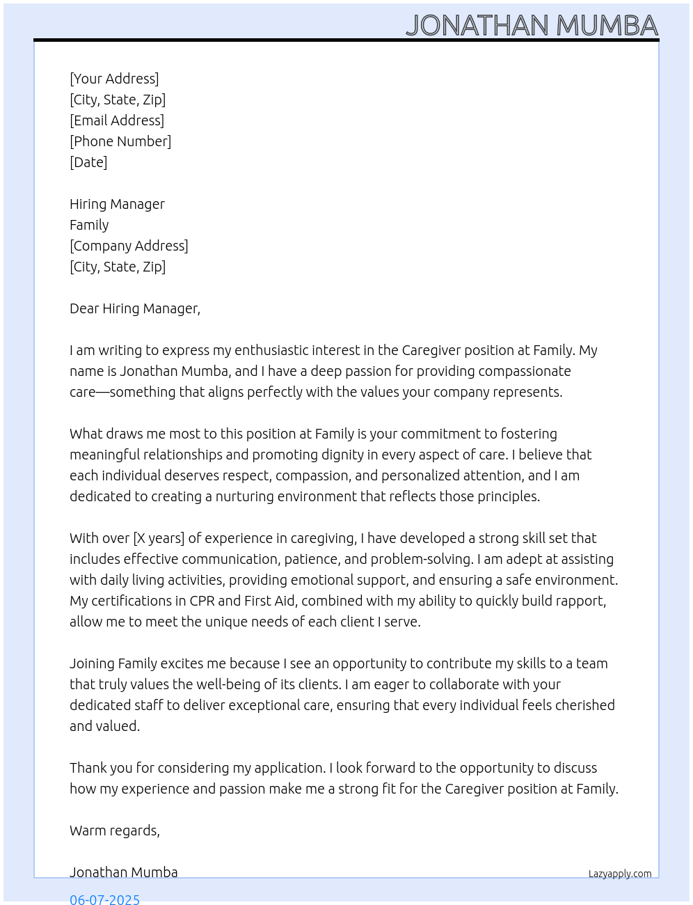 Caregiver At Family Cover Letter