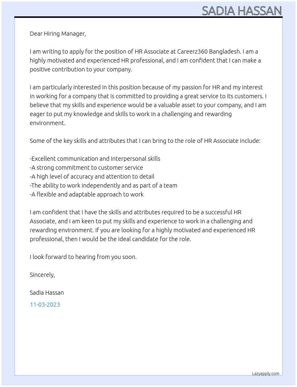 HR Associate At Careerz360 Bangladesh Cover Letter