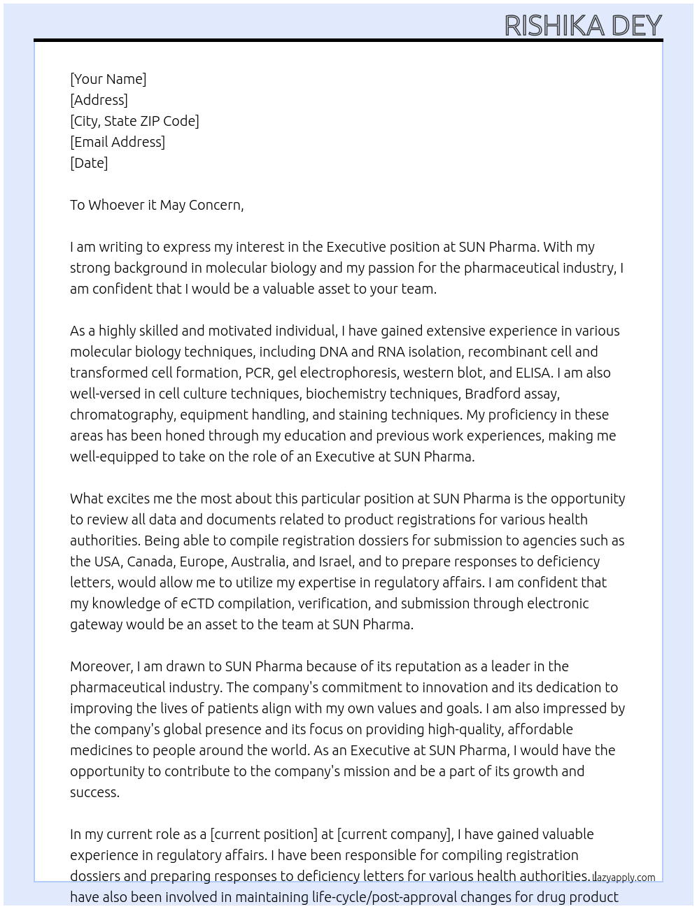 Executive At SUN Pharma Cover Letter