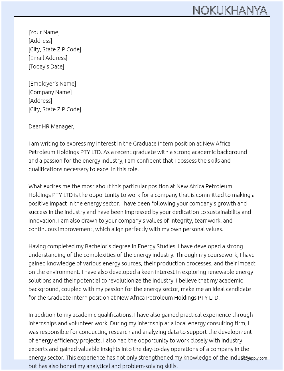 Graduate Intern At New Africa Petroleum Holdings PTY LTD Cover Letter