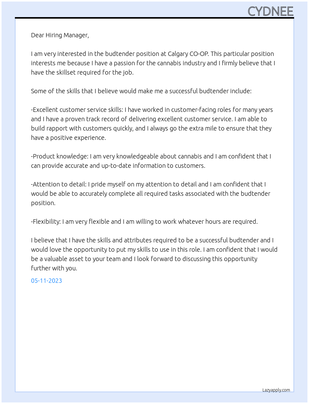 Budtender At Calgary CO-OP Cover Letter