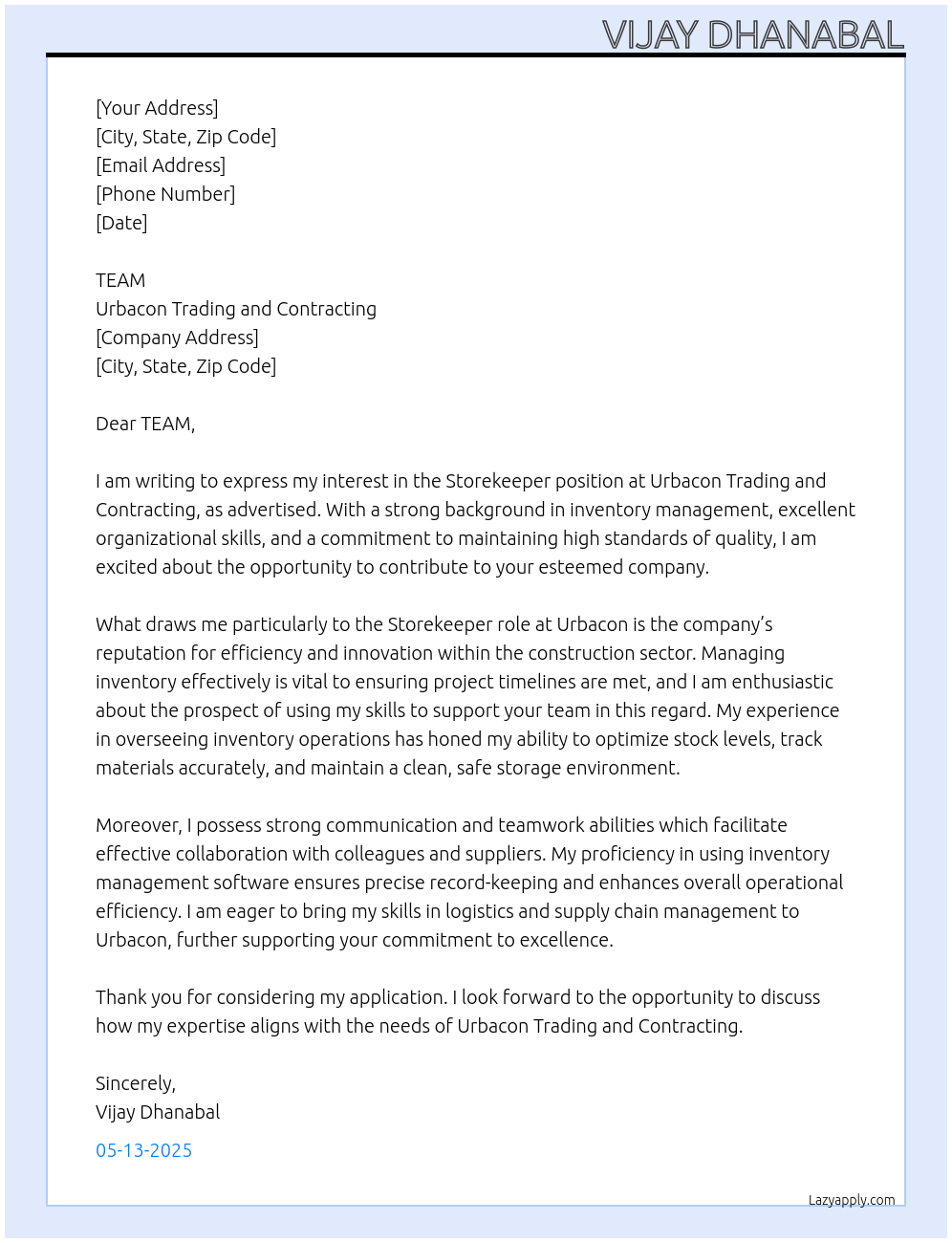 STOREKEEPER At URBACON TRADING AND CONTRACTING Cover Letter