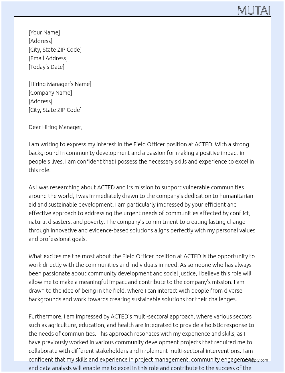 field officer At acted Cover Letter