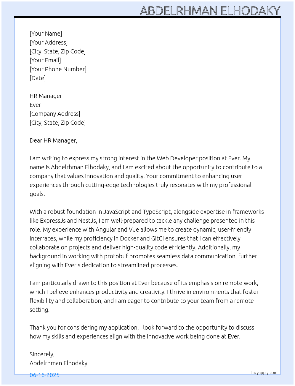 web developer At ever Cover Letter