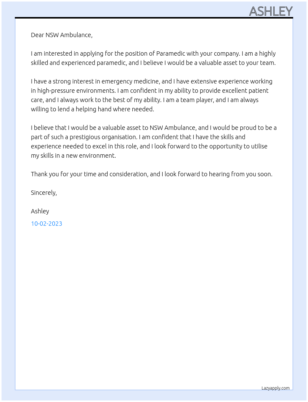 Paramedic At NSW Ambulance Cover Letter