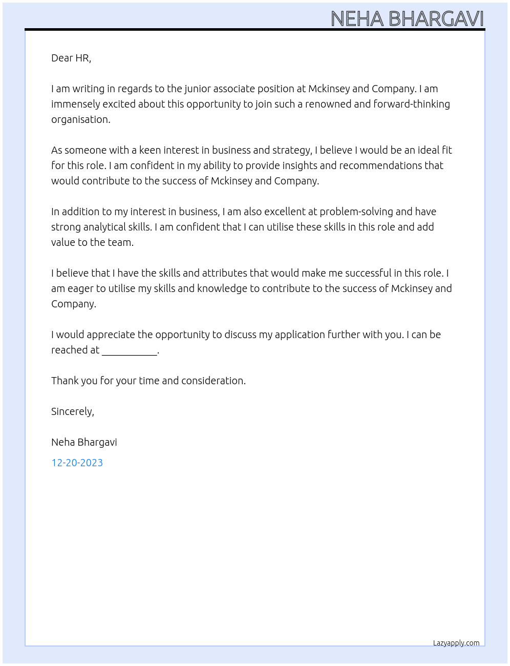 junior associate At Mckinsey and Company Cover Letter