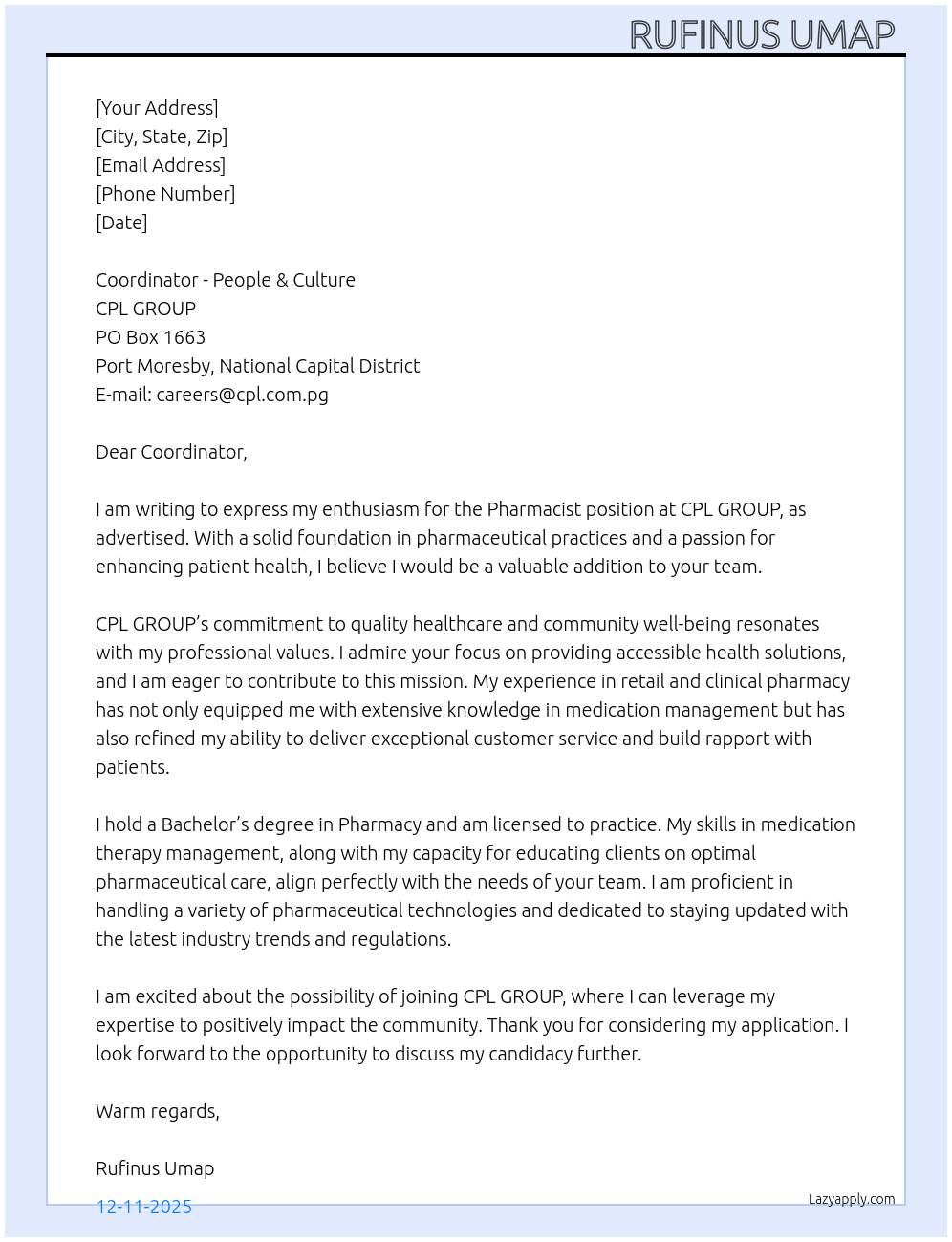 Cover letter for pharmacist - LazyApply