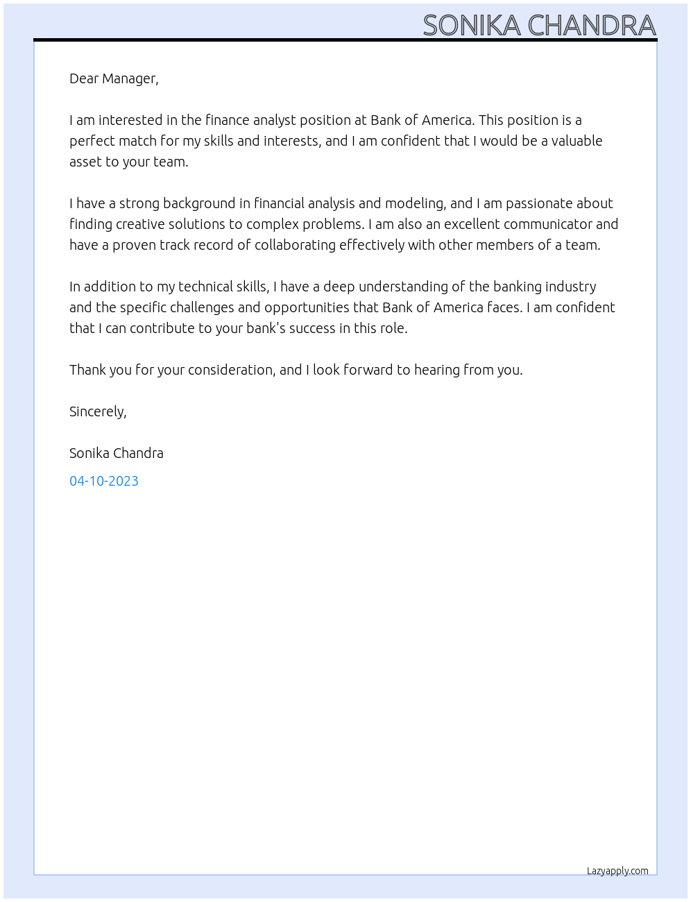 finance analyst At Bank of America Cover Letter